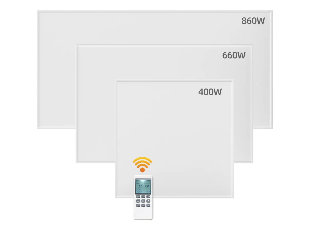 Stropní infrapanely ByeCold série 4H ve variantách 400 W, 660 W a 860 W s odpovídajícím dálkovým ovládáním