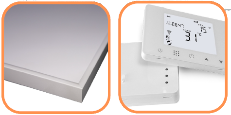 ultratenký stropní topný panel detail a termostat